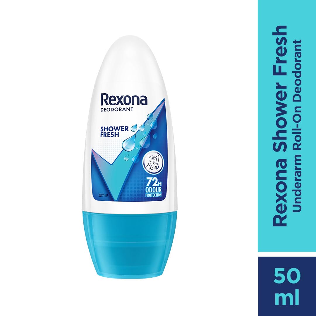 Rexona Shower Fresh Underarm Roll On Deodorant For Women, Antiperspirant, Removes Odour, Keeps Skin Fresh & Clean, Alcohol Free, Skin Friendly, 50 Ml