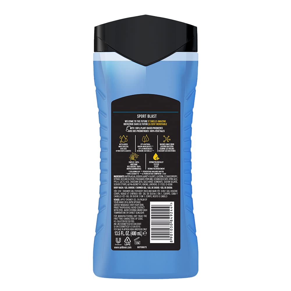 Axe Sports Blast 3 In 1 Body, Face & Hair Wash for Men, Long-Lasting Refreshing & Energizing Citrus Fragrance for Up To 12hrs Removes Odor & Bacteria, No Parabens, Dermatologically Tested, 400ml