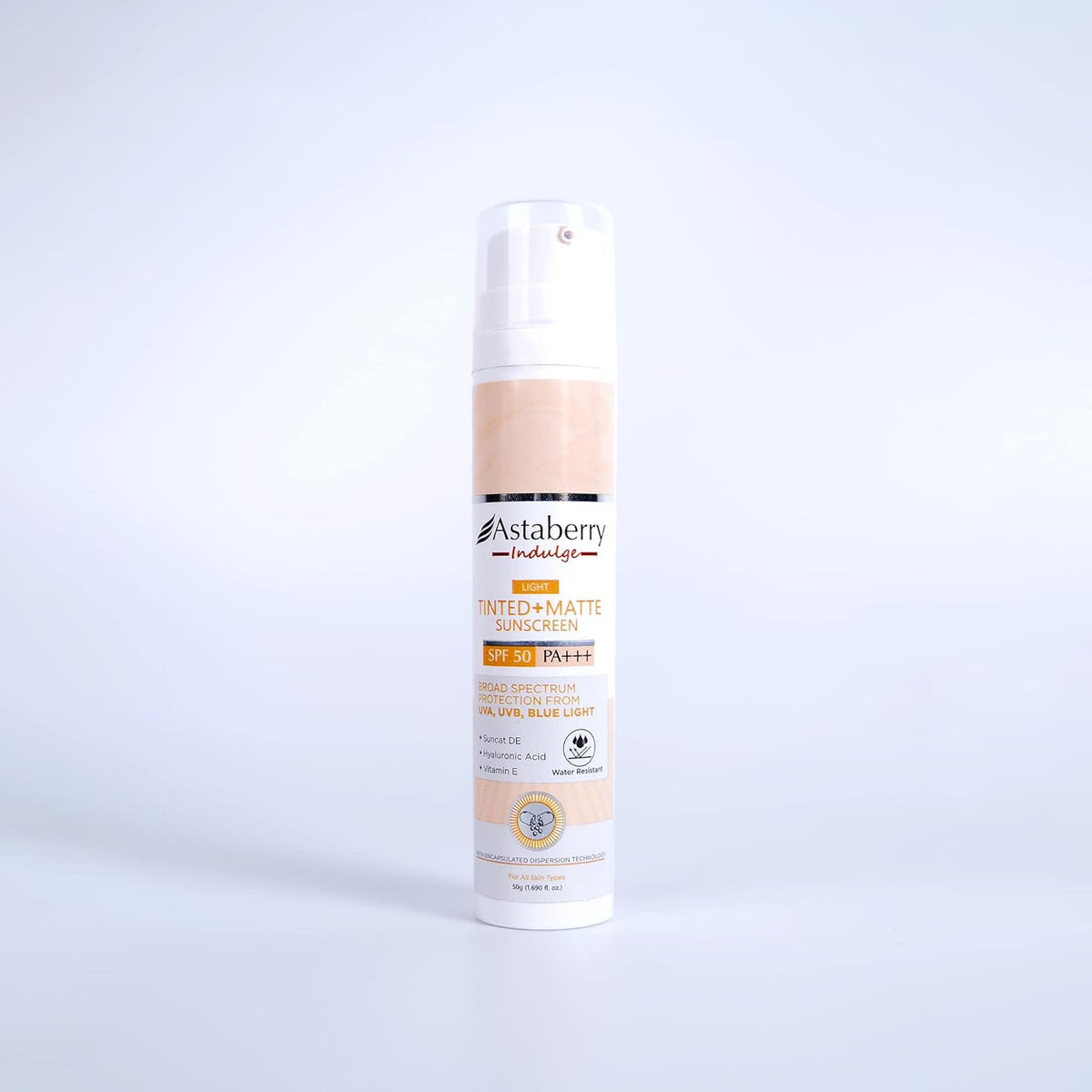 Astaberry Indulge Tinted Matte Sunscreen SPF 50 PA+++ | Broad Spectrum Protection from UVA/B & Blue Light | Suncat DE & No White Cast |Provides a Light Tint - 50g (Medium)