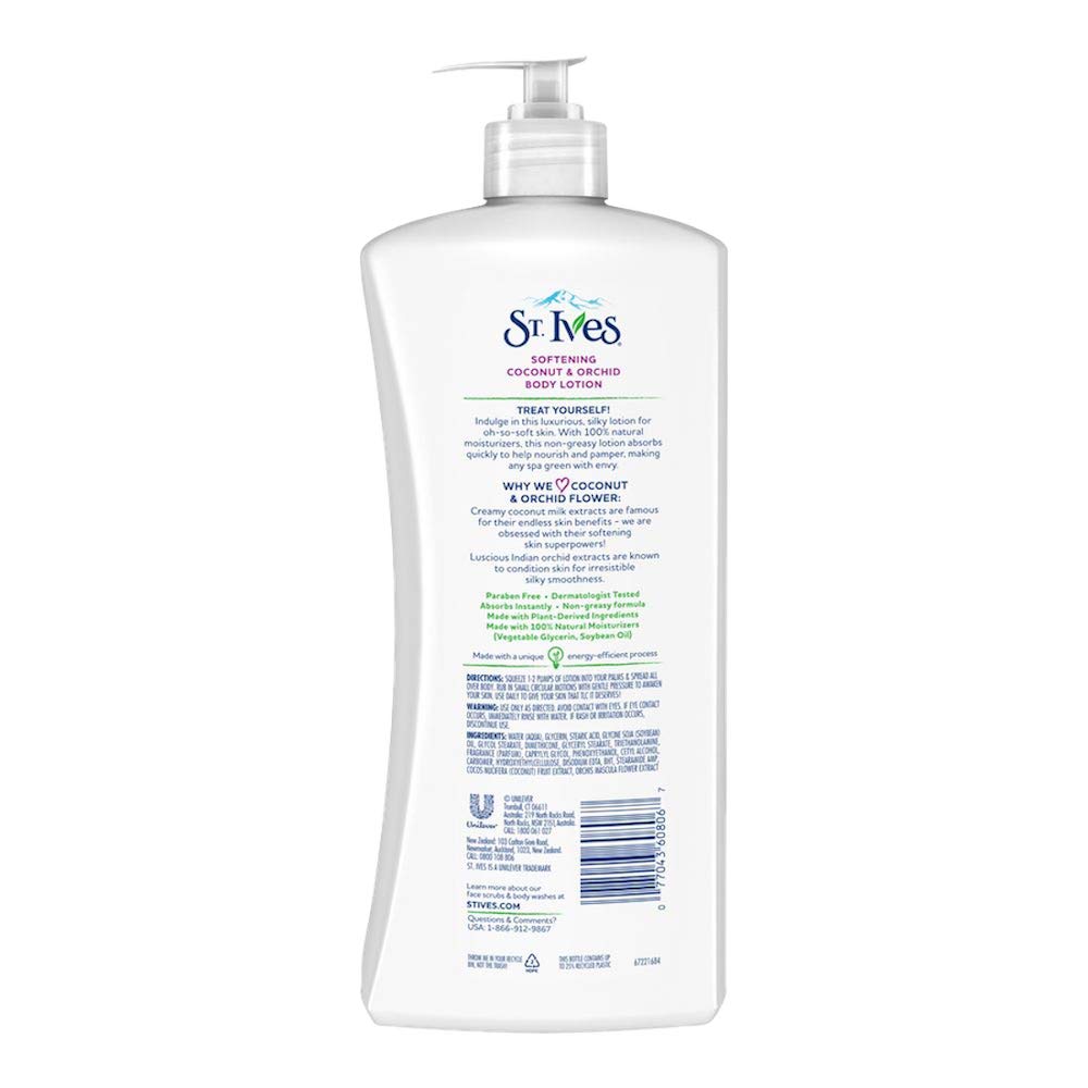 St. Ives Softening Body Lotion, Coconut and Orchid with Natural Extracts, Paraben-Free and Dermatologically Tested - 621 ml