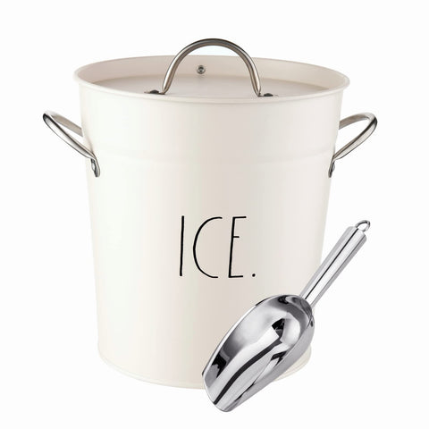 Rae Dunn Ice Bucket with Scoop - Stainless Steel Bucket with Handle, Lid and Ice Scooper - 4 Qt. Storage Bin for Ice Cubes for Bars, Parties, Backyard Barbeques, Picnics, and Camping (White)