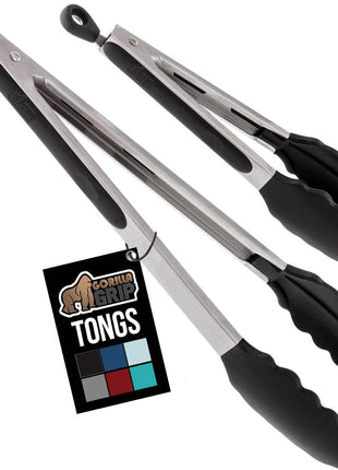 GORILLA GRIP Stainless Steel Heat Resistant Kitchen Tongs for Cooking, Set of 2 BBQ Tong, Non Scratch Silicone Tip for Pans, Strong Grip, Grab Food, Toss Salad, Air Fryer, Pull Lock, 7 + 9 Inch, Black