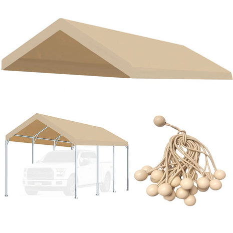 10'x20' Upgraded Carport Replacement Top Canopy Cover for Car Garage Shelter Tent Party Tent with Ball Bungees Beige (Only Top Cover, Frame is not Included)