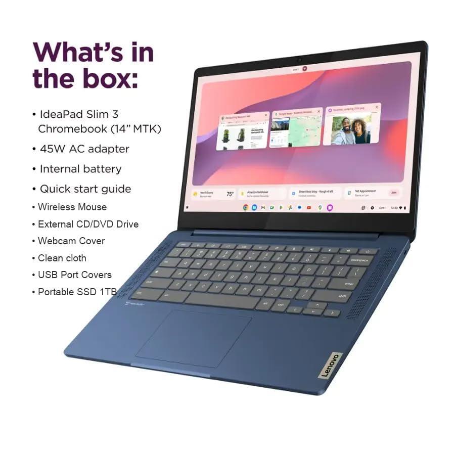 Lenovo IdeaPad Slim 3 Chromebook - 14'' Full HD (1920 x 1080) Display • 8-Core MediaTek Kompanio 520 CPU • 4GB RAM • 64GB eMMC & 256GB Micro SD Card • Wi-Fi 6 • for Business Student • Chrome OS • Blue