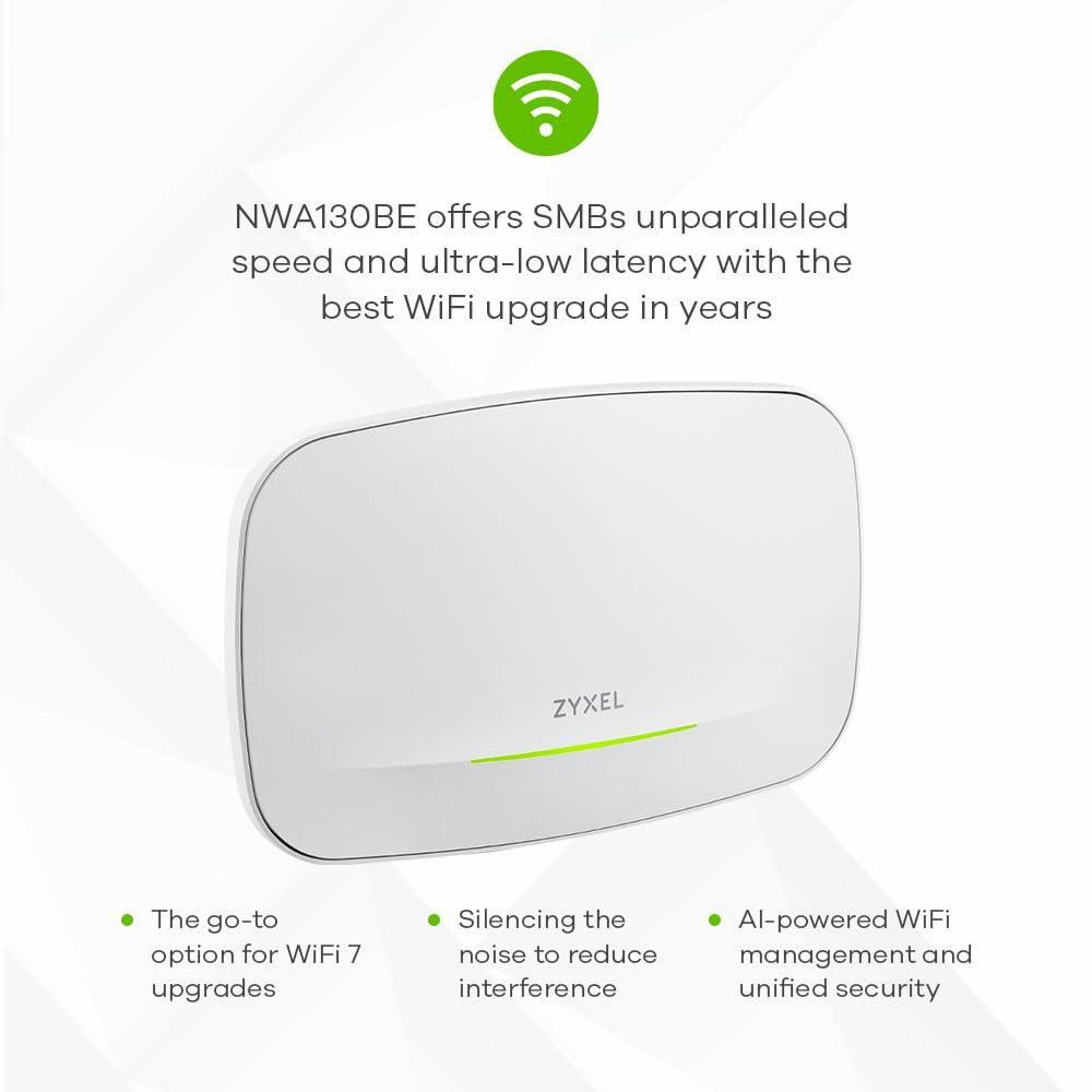 Zyxel WiFi 7 BE11000 Wireless MultiGig Pro Access Point | 2 x 2.5Gb Ethernet | Tri-Band Operation | Mesh and PTP Bridge | Cloud, App, Direct or Controller Management | POE+ | NWA130BE