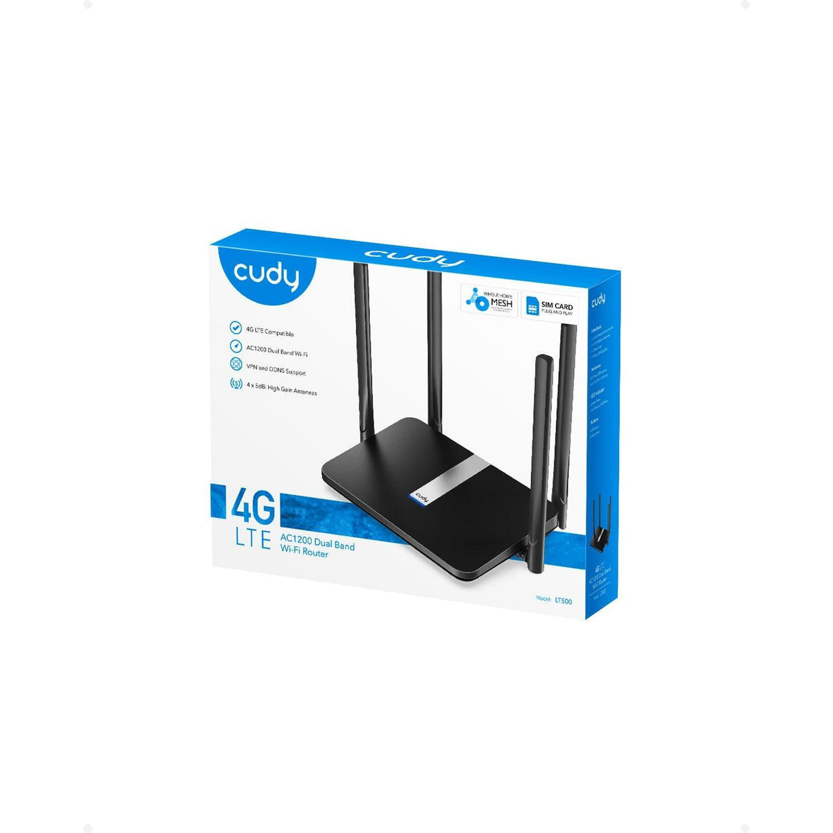 Cudy AC1200 Dual Band Unlocked 4G LTE Modem Router with SIM Card Slot, 1200Mbps Mesh WiFi, 5dBi High Gain Antennas, DDNS, VPN, Cloudflare, LT500