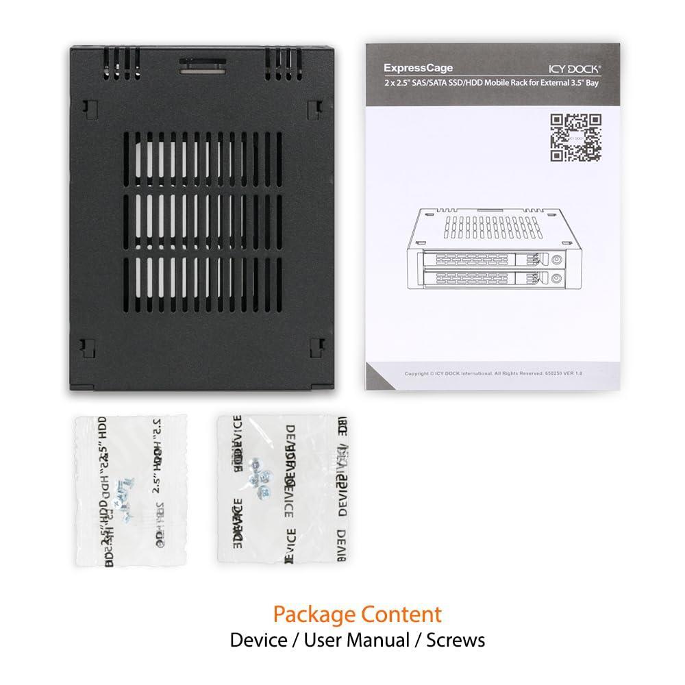 ICY DOCK 2 Bay 2.5 SAS/SATA HDD/SSD Mobile Rack for External 3.5” Bay | ExpressCage MB742SP-B