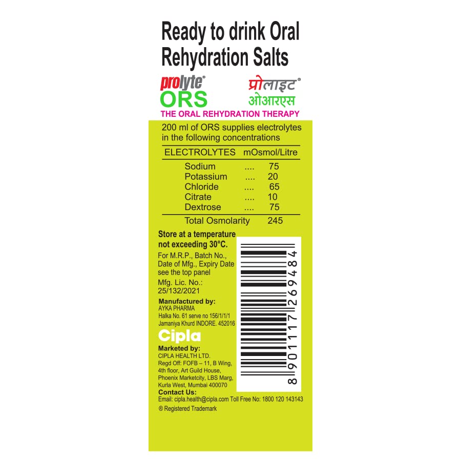 Cipla Prolyte Ors Ready To Drink Oral Rehydration Contains Vital Electrolytes Vegetarian|Restores Body Fluids&Electrolytes Lost Due To Sweating,Diarrhea&Vomiting|Who Formula (Nimbu Paani,Pack Of 30)