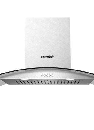 COMFEE' 30 Inch Wall Mount Range Hood, 450 CFM Ductless/Ducted Convertible | Island Range Hood 3-Speed Exhaust Fan, Curved Glass Stainless Steel Kitchen Vent Hood, 2 Baffle Filters, 2 LED Lights