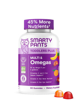 SmartyPants Toddler Multivitamin Gummies, Omega 3 (DHA/EPA), Vitamins D3, C, Vitamin B12, B6, A, K & Zinc, Biotin, Gluten Free, Three Fruit Flavors, 60 Count (30 Day Supply)