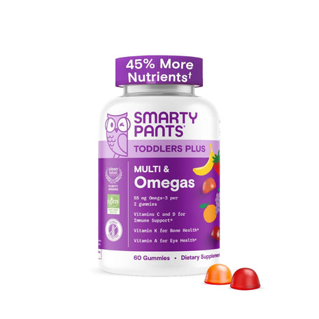 SmartyPants Toddler Multivitamin Gummies, Omega 3 (DHA/EPA), Vitamins D3, C, Vitamin B12, B6, A, K & Zinc, Biotin, Gluten Free, Three Fruit Flavors, 60 Count (30 Day Supply)