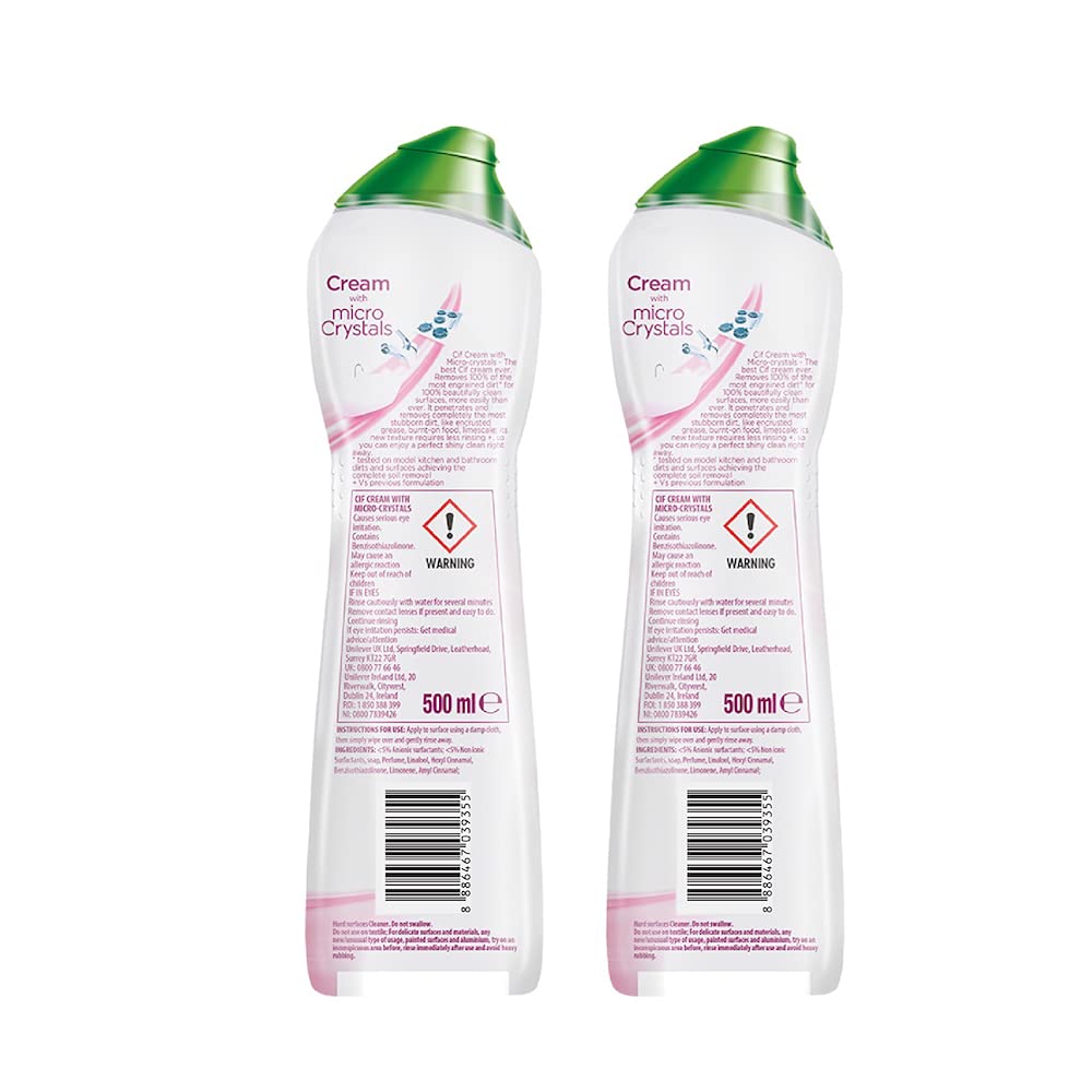 Cif Pink Multi Purpose Surface Cleaner Cream with Floral Fragrance, Removes Grease & Dirt wth Natural Cleaning Particles for Shiny Surface, 2x500ml