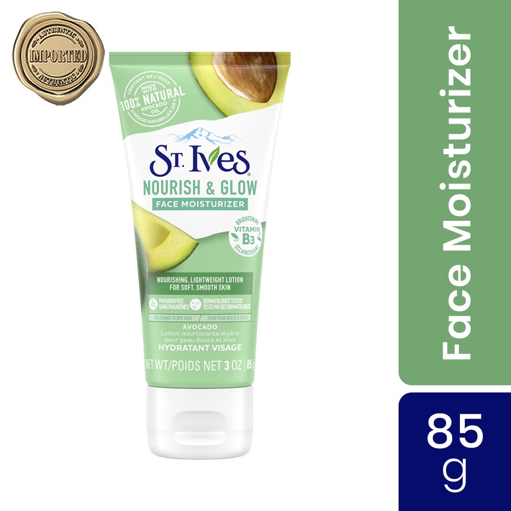 St. Ives Nourish & Glow Avocado Face Moisturizer with 100% Natural Extracts for Soft & Glowing Skin, Non-Greasy Face Cream, Paraben-Free, Cruelty-Free, Dermatologically Tested, 85gm