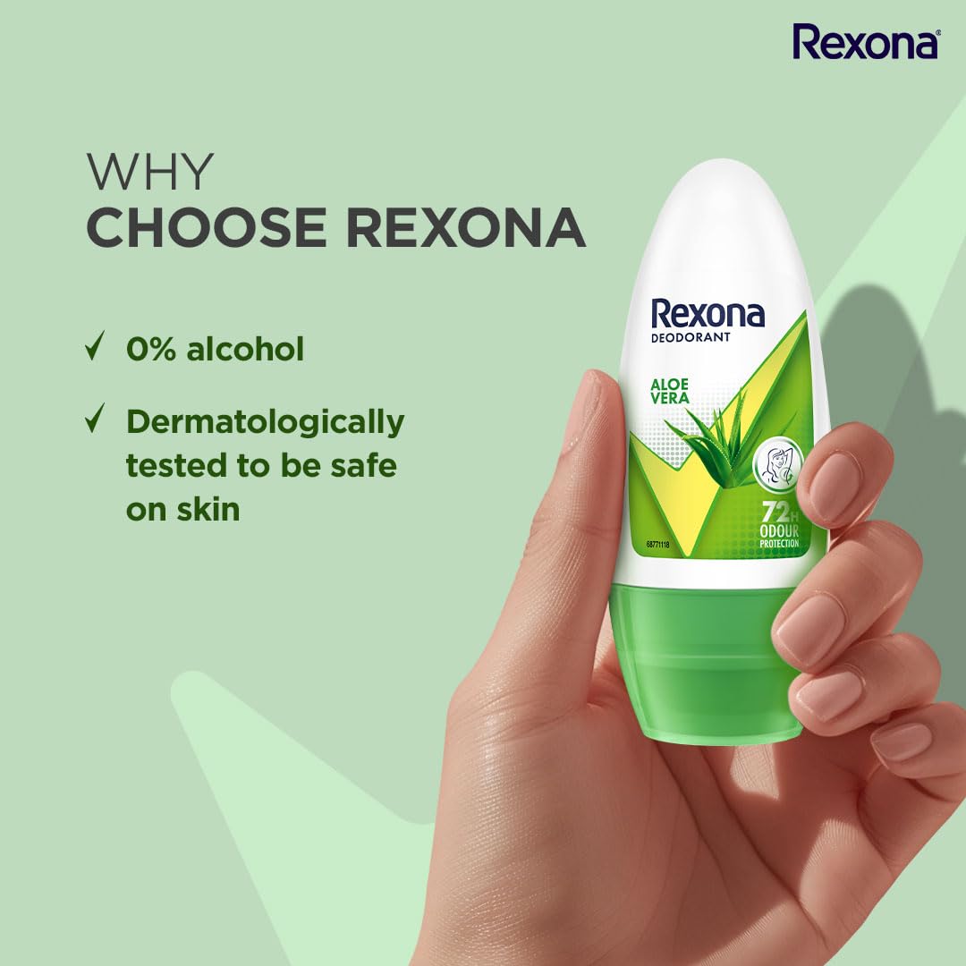 Rexona Aloe Vera Underarm Roll On Deodorant For Women, Antiperspirant, Removes Odour, Keeps Skin Fresh & Clean, Alcohol Free, Skin Friendly, 50 ml