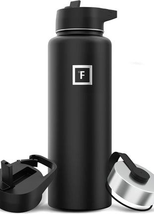 IRON °FLASK Camping & Hiking Hydration Flask with Straw, Wide Mouth Insulated Stainless Steel Sports Water Bottle - 40 oz Midnight Black