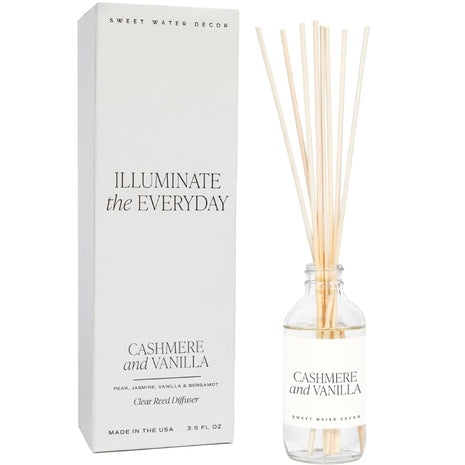 Sweet Water Decor Non-Toxic Cashmere and Vanilla Reed Diffuser Set, Cashmere, Sandalwood, Milky Coconut, Bourbon Vanilla Scented Diffuser for Home, Light Fragrance, Made in the USA, 3.5 FL OZ