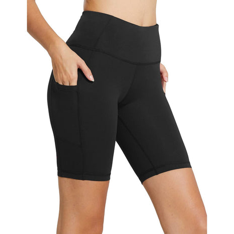 baleaf Shorts for Women Biker Workout Yoga Gym Spandex Running Volleyball Tummy Control Compression with Pockets 8 inch Black L