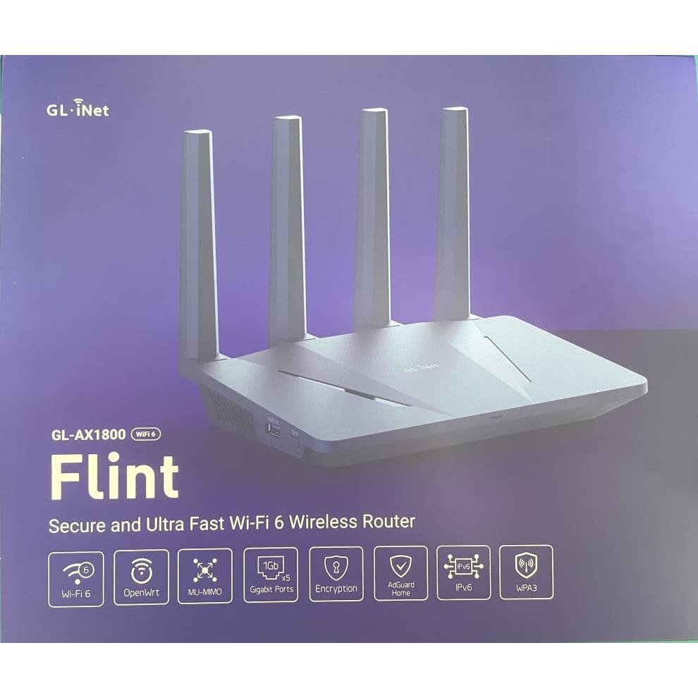 GL.iNet GL-AX1800(Flint) WiFi 6 Router -Dual Band Gigabit Wireless Internet Router | 5 x 1G Ethernet Ports | Up to 120 Devices | OpenVpn&WireGuard