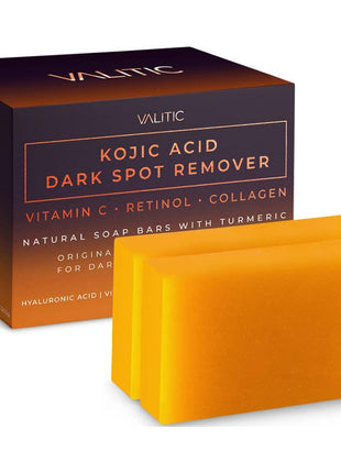 VALITIC Kojic Acid Dark Spot Remover Soap Bars with Vitamin C, Retinol, Collagen, Turmeric - Original Japanese Complex Infused with Hyaluronic Acid, Vitamin E, Shea Butter, Castile Olive Oil (2 Pack)