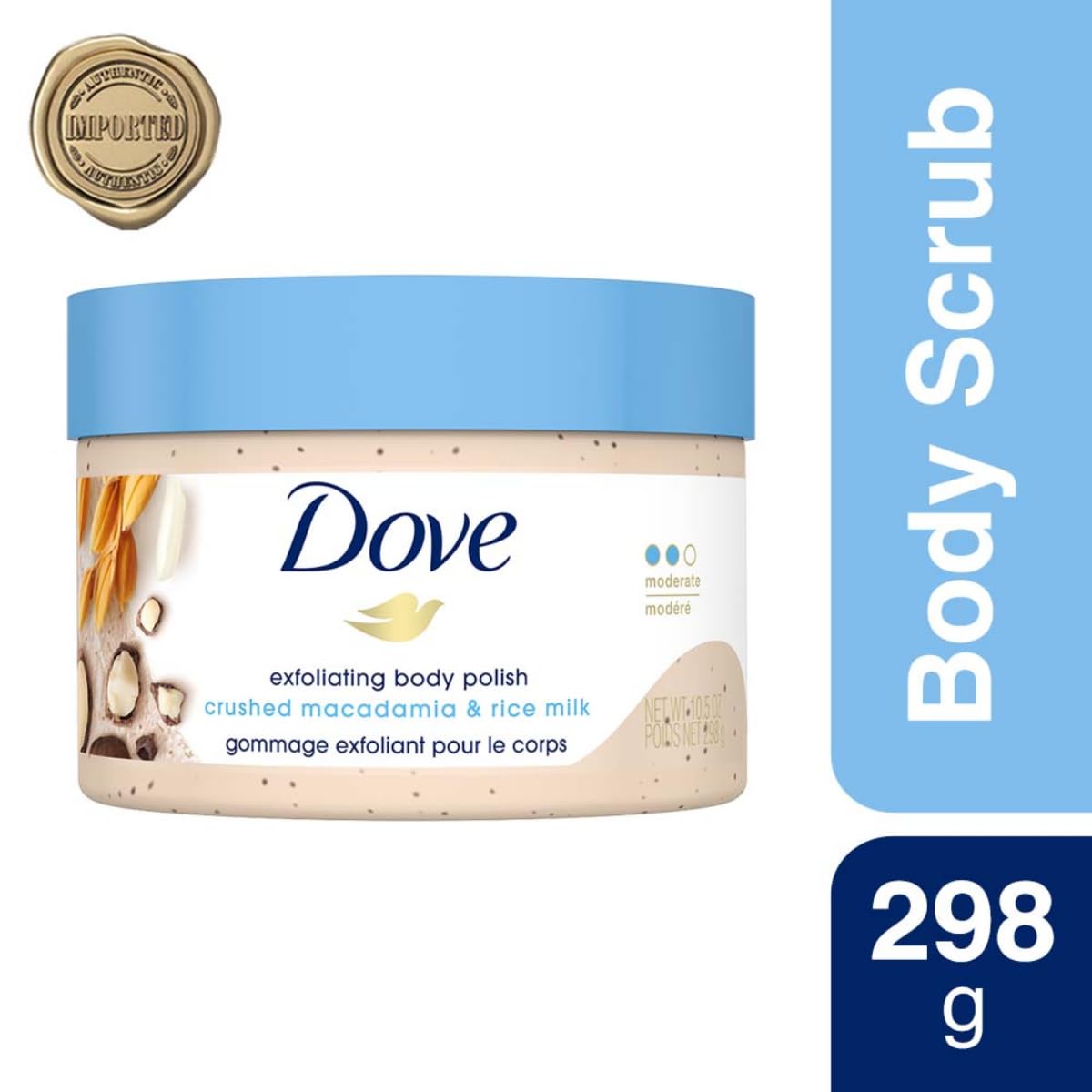 Dove Exfoliating Body Polish| Body Scrub |Deeply Nourishing Crushed Macadamia and Rice Milk |Moisturises & Brightens Skin | Sulphate Free|298gm