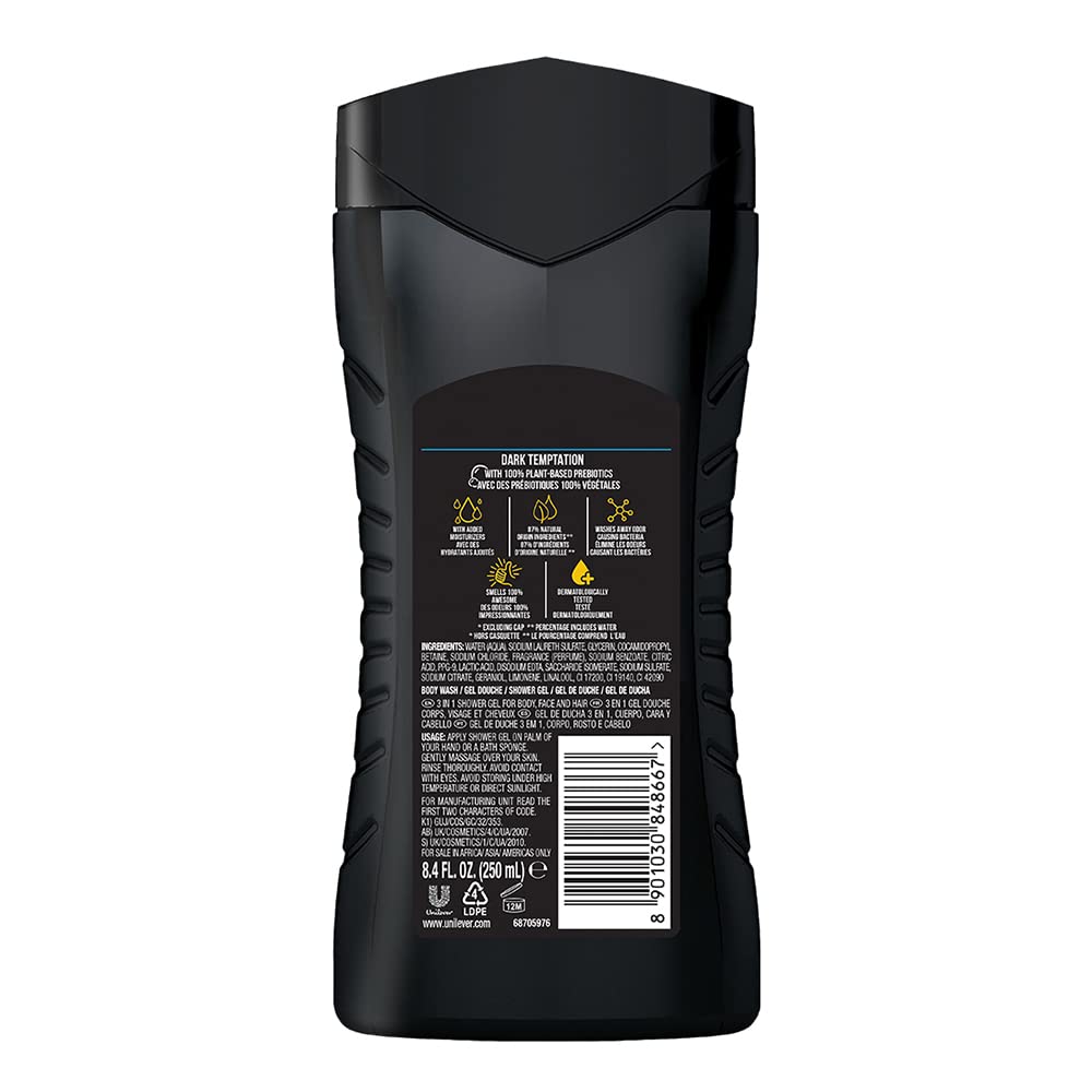 AXE Dark Temptation 3 In 1 Body, Face & Hair Wash for Men, Long-Lasting Refreshing Dark Chocolate Fragrance, Natural Origin Ingredients, Removes Odor & Bacteria, Dermatologically Tested 250ml