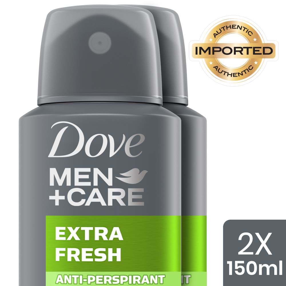 Dove Men+Care Extra Fresh Dry Spray Antiperspirant Deodorant, Up To 48 hrs Protection From Sweat & Odour, Instantly Dry for Cleaner Feel, Dermatologically Proven Formula, Soothes & Moisturises Skin, Energizing Citrus Scent, 150ml (Pack of 2)