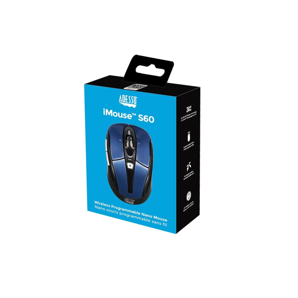 Adesso iMouse S60 Wireless Optical Mouse with 24 GHz RF Technology, Programmable Driver, Tilt-Wheel Scrolling, and Magnetically Storable Receiver (Blue)