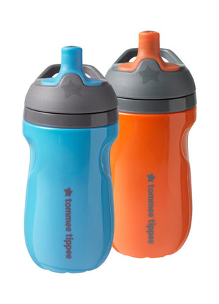 Tommee Tippee Insulated 9oz Sporty Spout Toddler Water Bottle, No Spill Sippy Cups for Toddlers 1-3, Two-Piece Valve Helps Stop Spills, Orange and Blue, BPA Free, Pack of 2