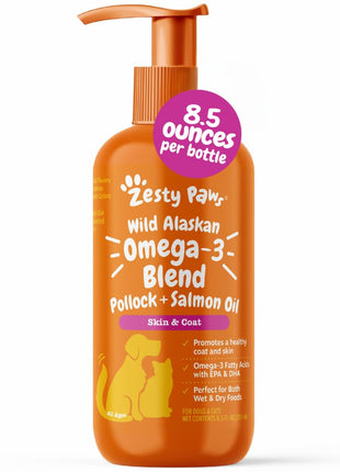 Zesty Paws Wild Alaskan Omega-3 Blend Pollock  Salmon Oil for Dogs and Cats- Skin and Coat Support, Omega 3 Supplement for Pets, 8.5oz