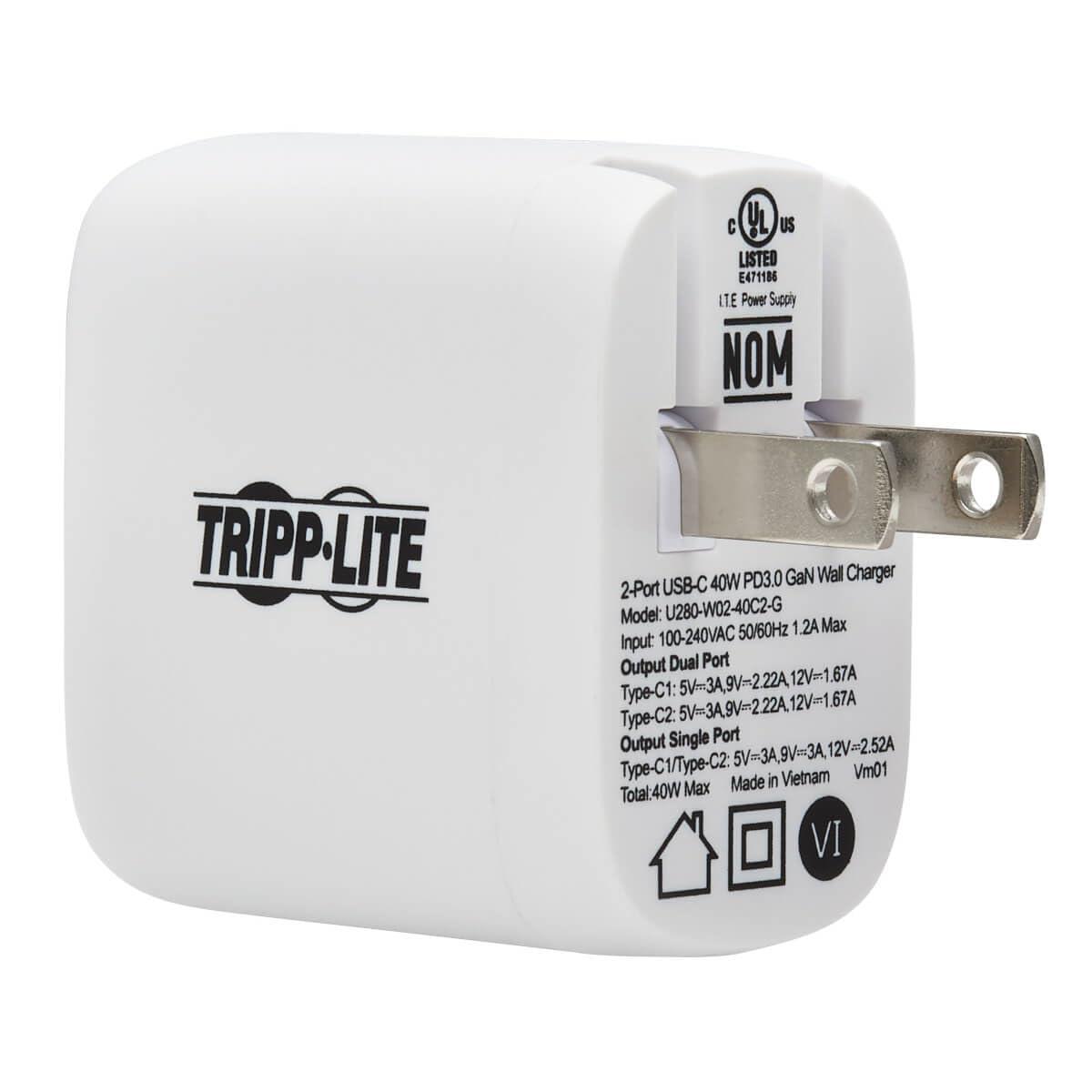Tripp Lite USB-C Dual-Port Wall Charger, Compact Travel Size Folding Plug, USB 3.0, 40W Power Delivery Charging, Temperature Cooling Gallium Nitride Technology, 2-Year Warranty (U280-W02-40C2-G)