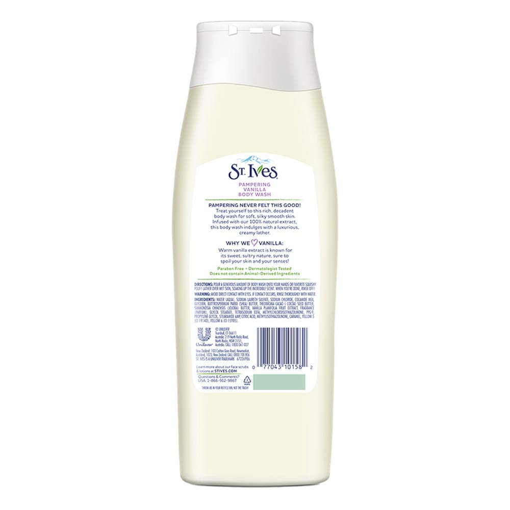 St. Ives Pampering Body Wash & Shower Gel with Vanilla, Pampers & Gives Silky Smooth Skin, Mild Cleanser moisturising Liquid Body Wash with 100% Natural Extracts, Paraben-Free Bath Gel, Dermatologically Tested, 400ml