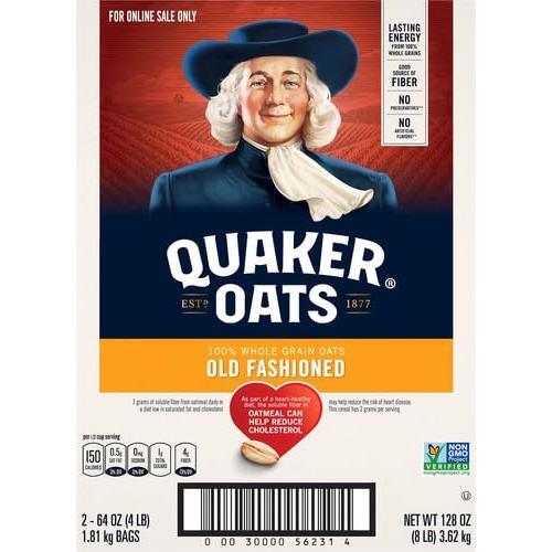 Quaker Old Fashioned Rolled Oats, Non GMO Project Verified, Two 64oz Bags in Box, 90 Servings, 4 Pound (Pack of 2)