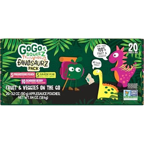 GoGo squeeZ Fruit & veggieZ Applesauce and Puree Variety Pack, Jurassic Pear, Roarrrr Berry & Prehistoric Peach, 3.2 oz (Pack of 20), Unsweetened Snacks for Kids, BPA Free Pouches