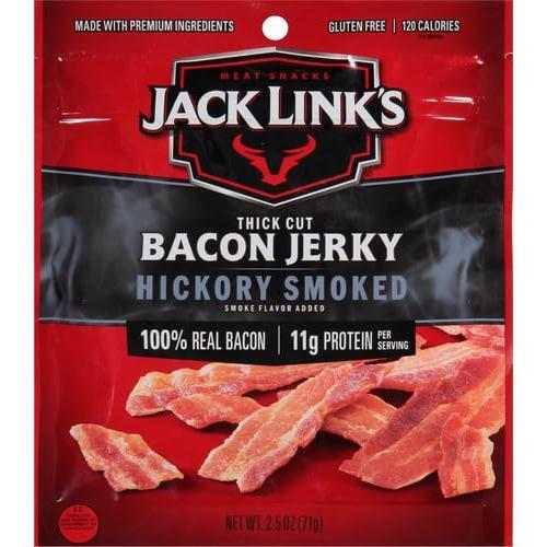 Jack Link's Bacon Jerky, Hickory Smoked - Flavorful Ready to Eat Meat Snack with 11g of Protein per Serving, Made with 100% Thick Cut Real Bacon, Protein Snack, Keto Friendly, 2.5 oz.