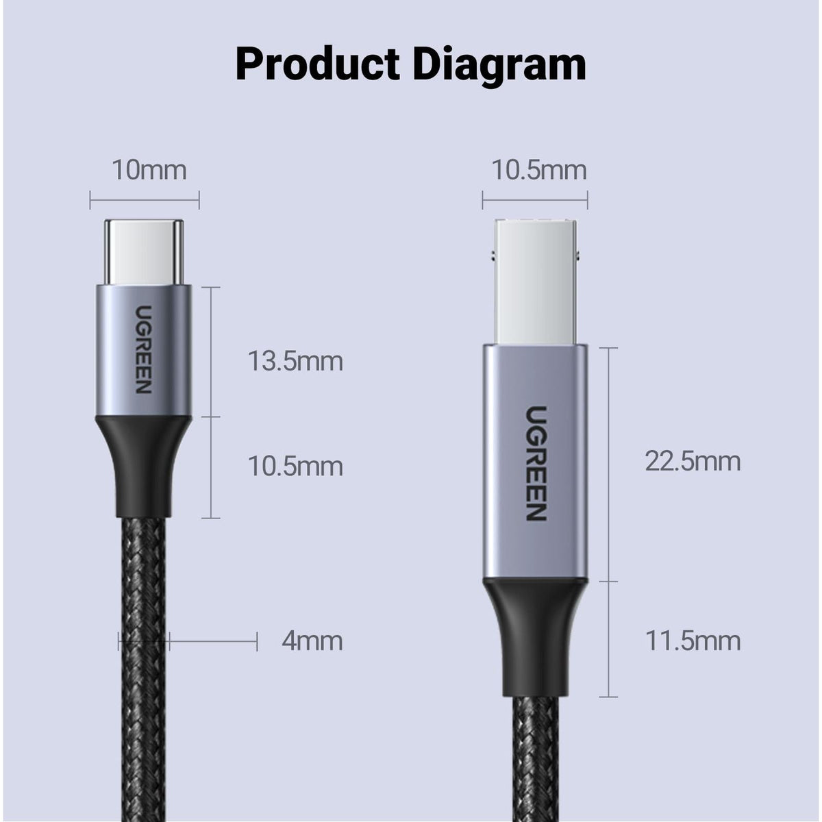 UGREEN USB B to USB C Printer Cable 3 FT, Nylon USB B to USBC Cable for MacBook Pro/Air, MIDI Cable Compatible with MIDI Keyboard/DJ Controller/DAC/Yamaha Casio Digital Piano for iPad