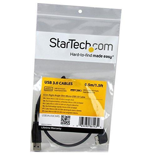 StarTech.com 0.5m 20in Slim Micro USB 3.0 Cable M/M - Right-Angle Micro-USB - USB 3.0 A to Micro B - Angled Micro USB 3.1 Gen 1 5Gbps (USB3AU50CMRS) , Black