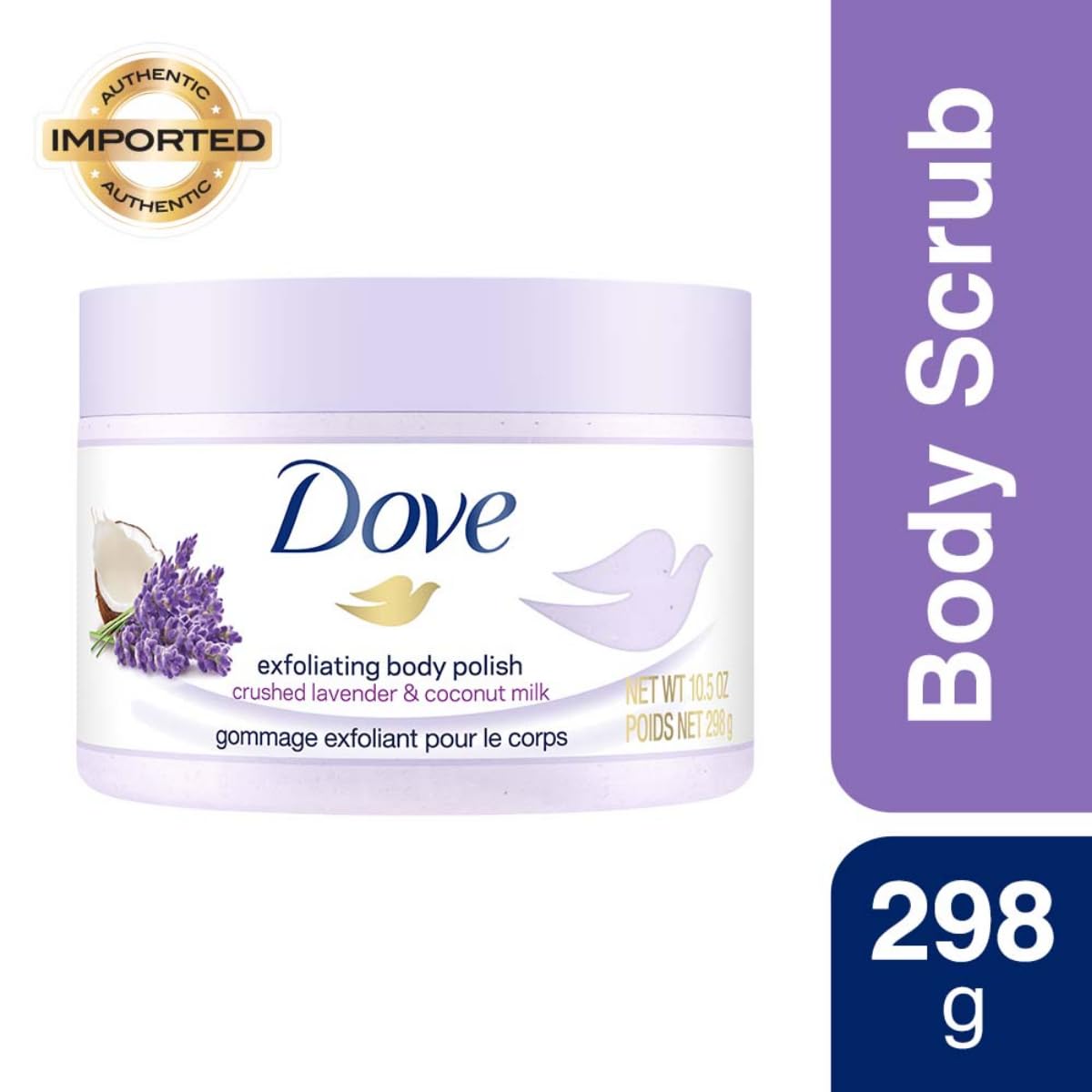 Dove Exfoliating Body Polish Scrub with Crushed Lavender & Coconut Milk for Dry Skin, Gently Exfoliates & Removes Dead Skin, Naturally Derived Ingredients, Sulfate-Free, Soothing Scent, 298 g