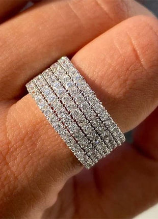 14K White Gold Luxury Full Rhinestone Studded Zirconia Diamonds Engagement Ring Multi-Row Ring in Sterling Silver Wedding Band Rhinestone Rings Size 10