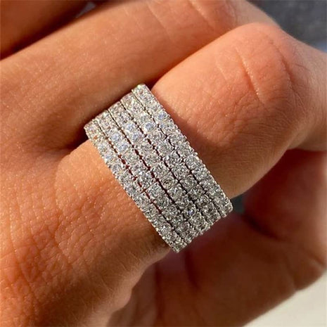 14K White Gold Luxury Full Rhinestone Studded Zirconia Diamonds Engagement Ring Multi-Row Ring in Sterling Silver Wedding Band Rhinestone Rings Size 10