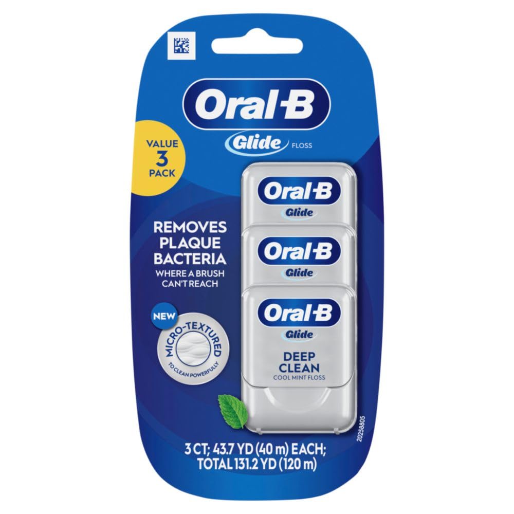 Oral-B Glide Dental Floss, Shred Resistant, Gentle on Gums, Natural Wax, Slides Smoothly, Deep Clean Cool Mint Flavor, 40 M, 3 Count