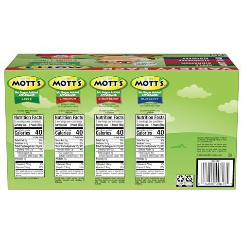 Mott's No Sugar Added Applesauce Variety Pack, 4 Flavors – Apple, Strawberry, Cinnamon & Blueberry, Made from Real Fruit, No Artificial Flavors, 3.2 Clear Pouches, 20 Pack
