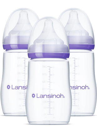 Lansinoh Anti-Colic Baby Bottles, BPA-Free Plastic, 8 Ounces, 3 Count, Medium Flow Nipples (Size M), Breastfeeding Bottle with NaturalWave Design, Baby Essentials
