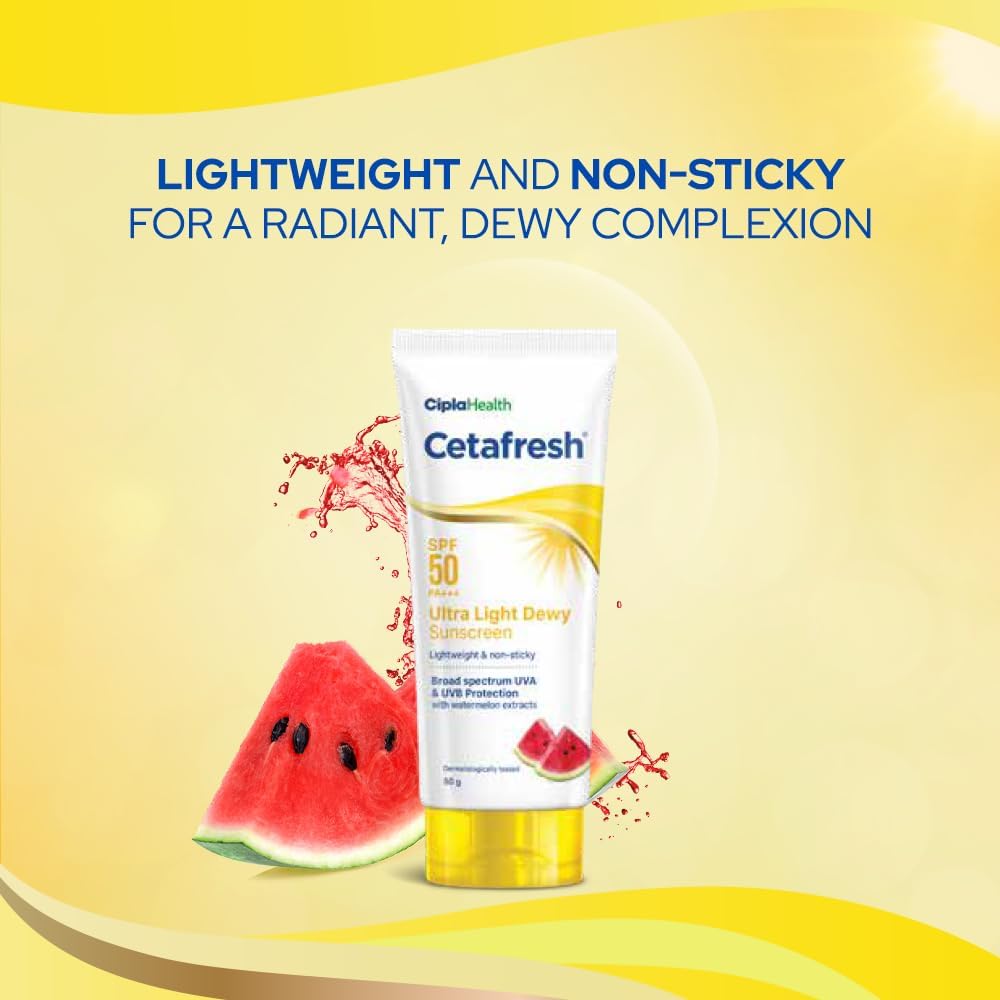 Cetafresh Ultra Light Dewy Sunscreen |Light weight| SPF 50 PA+++ | With Watermelon Extracts | 50 g (Pack of 2)