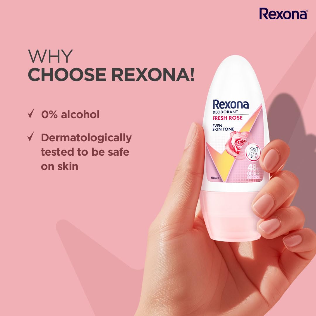 Rexona Fresh Rose Underarm Roll On Deodorant For Women, Antiperspirant With Glycerine, Removes Odour, Keeps Skin Fresh & Clean, Alcohol Free, 50 ml