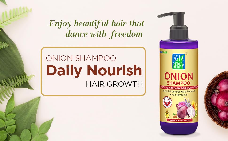 ASTABERRY Onion Shampoo For Hair Growth 300ml- Hair Fall Shampoo | Keeps Dryness away | Dandruff & Revitalizer | Goodness of 21 Herbal Extract & Essentials Oils