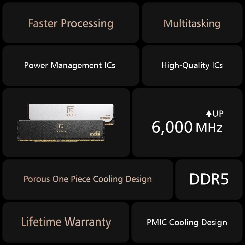 TEAMGROUP T-Create Expert Overclocking 10L DDR5 32GB Kit (2 x 16GB) 6000MHz (PC5-48000) CL38-46-46-76 Intel XMP 3.0 & AMD Expo Compatible Desktop Memory Module Ram Black - CTCED532G6000HC38GDC01