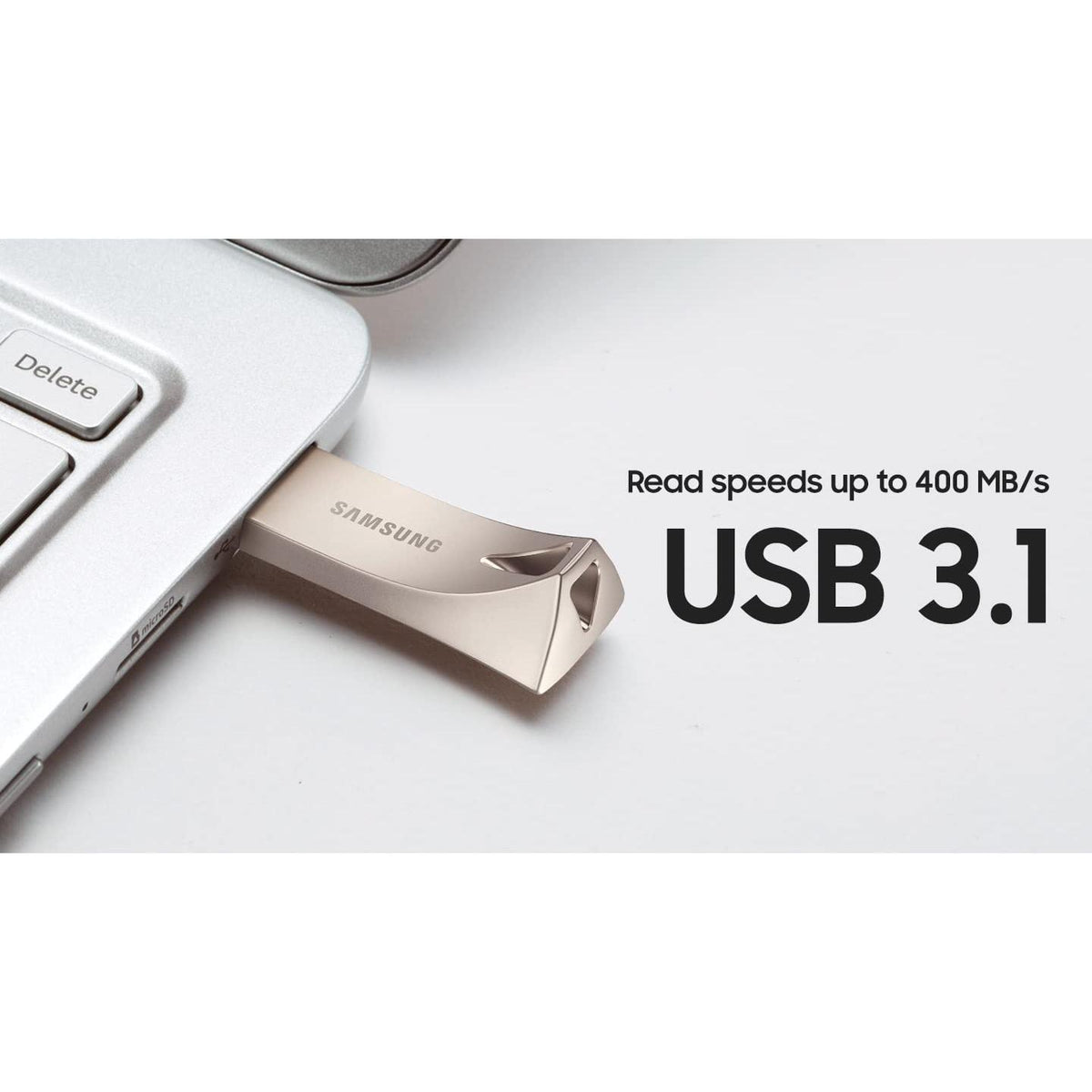 SAMSUNG BAR Plus 3.1 USB Flash Drive, 128GB, 400MB/s, Rugged Metal Casing, Storage Expansion for Photos, Videos, Music, Files, MUF-128BE3/AM, Champagne Silver