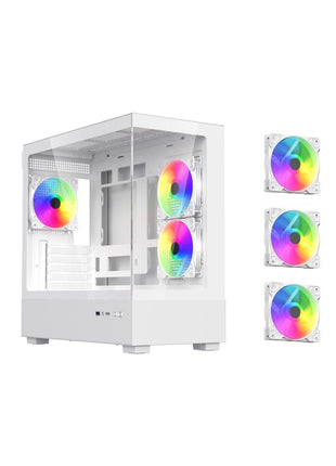 DIYPC ARGB-N1-W White USB3.0 /Type C Micro ATX Gaming Computer Case w/Frameless Dual Tempered Glass Panel and 3 x ARGB 120mm Fans (Pre-Installed). Support 4090TI GPU and 360mm AIO