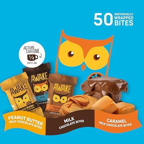AWAKE - Caffeinated Chocolate Bites - 50mg Caffeine - Variety Pack (3 Flavors), 50 Bites - Peanut Butter, Milk, & Caramel - Energy Bites - Coffee Alternative - Fairtrade, Gluten Free, Non GMO - 0.48oz