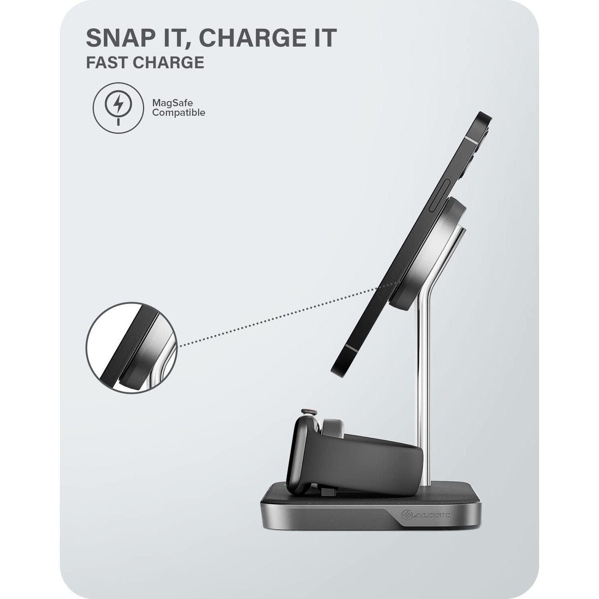 ALOGIC MagSpeed 3-in-1 Wireless Charging Station, MagSafe Compatible for iPhone 15/14/13/12 Series, Wireless Charging Enabled AirPods Case & All Apple Watch Models, LED Indicator, Certified Safe.